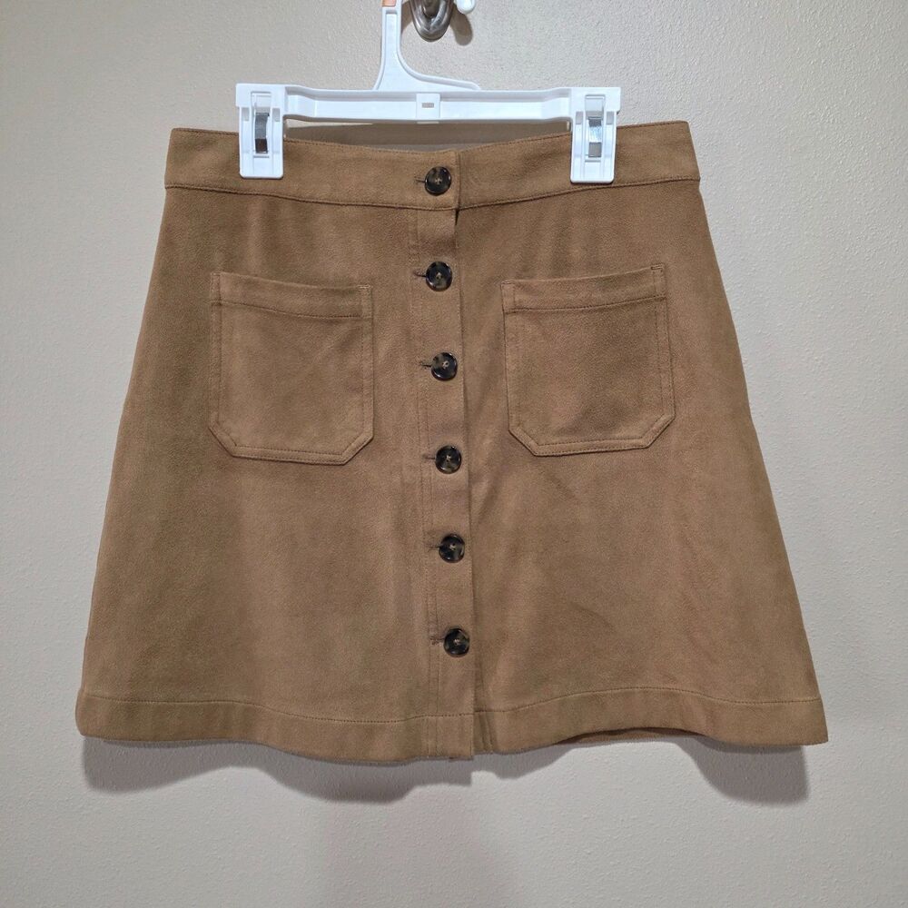 Marine Layer Faux Suede Button Front Mini Skirt Tan Size 2 Retro 70s Style NWOT - Picture 2 of 8